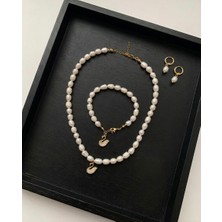 Taşmir Sertifikalı Doğal Büyük Arpa Inci Kolye Bileklik Küpe Set Kuğu Charm Altın Kaplama Pirinç Aparatlar