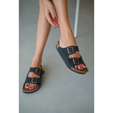 Selin Shoes Noir Çift Ayarlanabilir Tokalı Kadın Terlik- Siyah