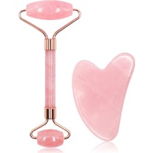 Pembe Kuvars Face Roller ve Kalp Gua Sha Yüz Masaj Aleti Doğaltaş Seti