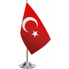 Türk Masa Bayrağı 15 x 23 cm – Çift Taraflı Baskılı Lüks Saten Kumaş – 33 cm Krom Direkli, 7.8 cm Ağır Metal Tabanlı – Ofis, Makam, Kurumsal Masa Üstü Için Şık Dekoratif Bayrak