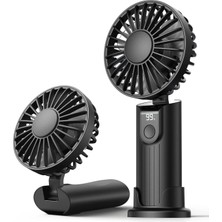Warmco K38 Ekranlı 4 Kademeli El Vantilatörü 5000MAH Şarjlı Taşınabilir Katlanabilir Standlı Boyun Askılı Soğutucu Fan Siyah