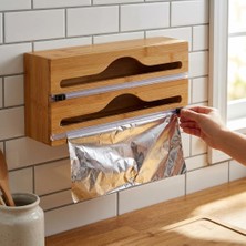 Deconox 2 Bölmeli Doğal Bambu Folyoluk ve Streç Film Kesici Organizer - Sürgülü Bıçaklı Duvara Monte Edilebilir Çekmece Içi Düzenleyici Pişirme Kağıdı ve Alüminyum Folyo Standı (35,5 x 14 x 7 Cm)