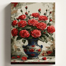 Sayılarla Boyama Tuval Hobi Seti Kırmızı Gül Vazo Temalı Fırça ve Boya Dahil Set (Çıtalı) 40X50 cm Kendin Yap Sayılarla Tuval Boya Kiti (Kasnaklı)