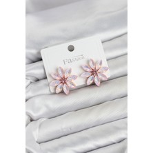 Havor Pembe Renk Kristal Taşlı Lotus Çiçek Model Kadın Küpe