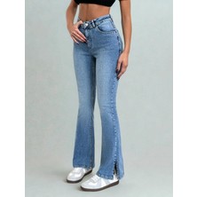 Kadın Ispanyol Paça Yırtmaçlı Jeans Mavi