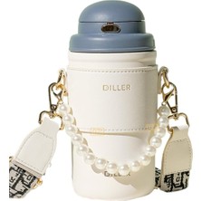Vagonlife Diller 580ML Moda Deri Kılıflı Inci Süslü Pipetli Askılı Paslanmaz Matara (Lacivert-)
