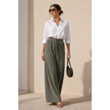 Polo State Kadın Haki Fitilli Wide Leg Pantolon Lastik Bel Kordonlu