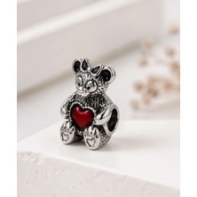 Singularis Kırmızı Kalpli Sevimli Ayıcık Bear Charm - Fiyonklu Gümüş Kaplama Bileklik Ucu