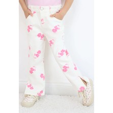 Escabel Kız Çocuk Jean Pantolon Çiçek Desenli Paçası Yırtmaçlı 1.5-5 Yaş, Ekru