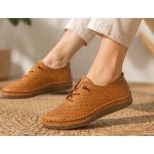 N Napa Shoe NP.8208L.TABA Deri Napa Shoe Kadın Hakiki Deri Lazer Kesim Günlük Ayakkabı Bağcıklı Ortopedik Comfort Sneaker Taba