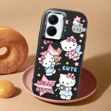 HONTINGA Vivo Y02S ile Uyumlu Kılıf Kamera Korumalı Düşüme Önleyici Kamera Koruyucu Siyah Yumuşak Silikon Couple Telefon Kılıfı Kitty Desenli K4-0470