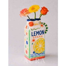 Aura Lemon Spark El Yapımı Seramik Dekoratif Vazo, Limon Desenli Renkli Çiçeklik, Modern Masa ve Ev Dekoru