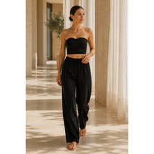 Quhox Kadın Siyah Straplez Crop Üst Bol Paça Pantolon Takım