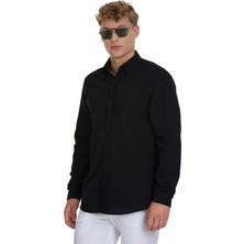 Hatemoğlu Siyah Comfort Fit Çizgili Düğmeli Yaka 100% Pamuk Uzun Kollu Casual Gömlek