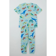 Paty Kids Paty Kıds Erkek Çocuk Pijama Takımı Kısa Kollu Okyanus Baskılı Deniz Canlıları Desenli 8-12 Yaş, Açık Mavi
