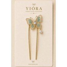 Yiora Premium Seri Altın Gold Metal Gövde Kelebek ve Sarkıt Inci Detaylı Fransız U Topuz Tokası 13CM