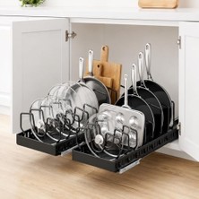 MarkEntegra Alper Banyo Sürgülü Organizer Siyah – Yapışkanlı Dolap Içi Raylı Düzenleyici, Tencere Kapağı, Tava, Kesme Tahtası ve Mutfak Gereçleri Için Çekmece Tipi Organizer, 21 x 42 cm