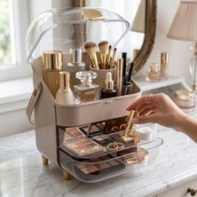 MarkEntegra Premium Çekmeceli ve Kapaklı Taşınabilir Makyaj ve Kozmetik Düzenleyici, Pembe ve Milky Coffee Renk Seçenekleri, Altın Aksesuarlı (Sütlü Kahve)
