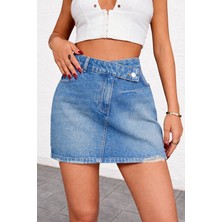 Kadın Çapraz Bel Detaylı Mini Jean Etek Yırtık Paça Denim Etek
