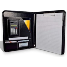 MarkEntegra Premium Suni Deri Sekreterlik – Mandallı Evrak Tutucu, Dahili Hesap Makinesi, Tablet Bölmeli Organizer ve Çok Gözlü Evrak Dosyası, Fermuarlı (32.5 × 25 Cm), Siyah