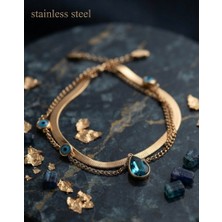 Stainless Steel 316L Çelik Boncuk Nazar Detaylı Mavi Zirkon Taşlı Model Italyan Zincir Gold Renk Bileklik