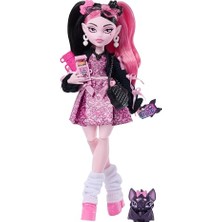MarkEntegra Monster High Bebek, Draculaura Pembe Fiyonklu Elbise ve Siyah Hırka Evcil Hayvan Yarasa Sayısı Muhteşem ve Ramen, Ruj ve Çanta Gibi 7 Aksesuar