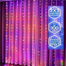MarkEntegra Rgb 300 LED Perde Işık 3x3 Metre, 10 Sarkıtlı, 8 Modlu, Kumandalı Dekoratif Çok Renkli Peri LED