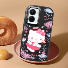 HONTINGA Vivo Y02S ile Uyumlu Kılıf Kamera Korumalı Düşüme Önleyici Kamera Koruyucu Siyah Yumuşak Silikon Couple Telefon Kılıfı Kitty Desenli K4-0469