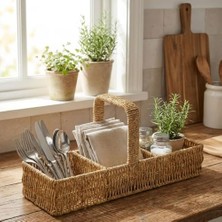 MarkEntegra Buffer 3 Bölmeli Hasır Sepet Organizer Saplı, Mutfak Banyo Ofis Çok Amaçlı Düzenleyici, Plastik Rattan Kaşıklık Sepeti, 40X13X17 cm