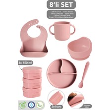 Meleni Baby 8'li Silikon Beslenme Seti - Mama Önlüğü Vakumlu Tabak Oval Kase Bardak Kaşık Atıştırma Kabı Pembe
