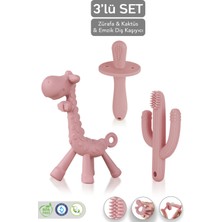 Meleni Baby 3'lü Silikon Diş Kaşıyıcı Set - Kaktüs Zürafa Figürlü Diş Kaşıyıcı Bebek Diş Kaşıma Emziği Pembe