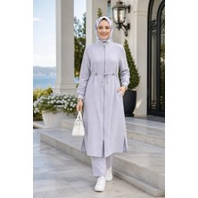 Harma Time Butik Kadın Ribanalı Fermuarlı Keten Tunik Pantolon Gri Ikili Takım