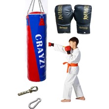Crayz Çocuk Dolu Boks Kum Torbası Boks Eldiveni Set + Askı Aparatı 70X25CM (Kırmızı Mavi)