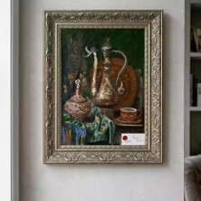 Tokyo Sanat Bakır Ibrik ve Türk Kahvesi Temalı Yağlı Boya Tablo | Çerçeveli Dekoratif Duvar Tablosu