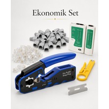 Ekonomik Set - RJ45 RJ11 Sıkma Pensesi + 20 Adet RJ45 + 20 Adet Konnektör + Test Cihazı + Yedek Bıçağı + Kablo Sıyırıcı