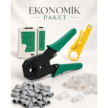 Ekonomik Set - RJ45 RJ11 Sıkma Pensesi + Test Cihazı + 20 Adet RJ45 + 20 Adet Konnektör + Kablo Sıyırıcı