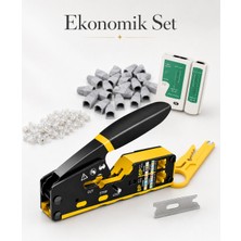 Ekonomik Set - RJ45 RJ11 Sıkma Pensesi + Test Cihazı + 20 Adet RJ45 + 20 Adet Konnektör + Kablo Sıyırıcı + Yedek Bıçağı