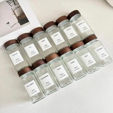Belirtilmemiş Akasya Kapaklı Kare Formlu 12’li Cam Baharatlık Seti 120 ml / 16 Adet Etiket Hediye