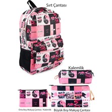Belirtilmemiş 4'lü Set Blackpink K-Pop Desenli Sırt Çantası Kalemlik Makyaj Çantası Büyük Boy Makyaj Çantası