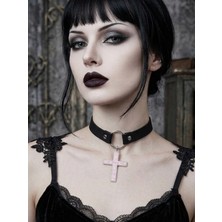 Feronnucci Kadın Gotik Haç Choker Kolye – Siyah Deri Boyunluk, Taşlı Haç Kolye Ucu, Y2K Punk Gothic Ayarlanabilir Kolye
