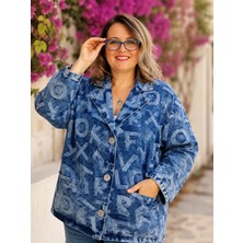 Trieste Wear Büyük Beden Yakalı Düğmeli Geniş Kol Harf Baskı Desenli Denim Kadın Ceket