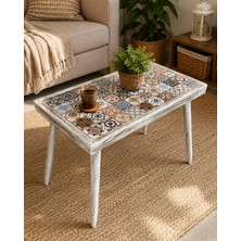 Maison Linden Seramik Yüzeyahşap Sehpa 35X65 cm Beyaz Eskitme Vintage Rustik Retro Dekoratif Orta Sehpa Yan Sehpa