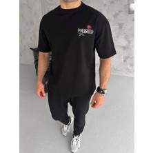 Tarz Yeri Bisiklet Yaka Baskılı Oversize T-Shirt - Siyah