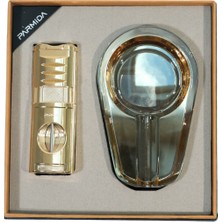 Parmida 3 Torch Ahşap Gold Çakmak Gold Kristal Tekli Küllük Ikili Puro Seti TR9853