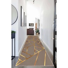 Belirtilmemiş Pelangi Gold Çizgili Geometrik Desenli Dijital Baskı Yıkanabilir Salon Halı Yolluk (Vizon