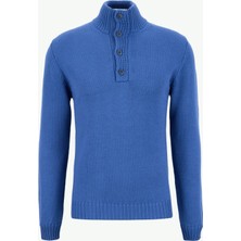 Alpha Studio Mavi Erkek Balıkçı Yaka Regular Fit Kazak AU-3032H Mock Neck Button Sweater