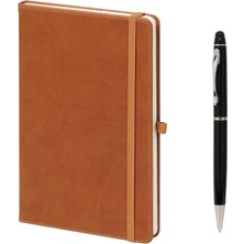 Mikasso 13*21 Defter + Dokunmatik Tükenmez Kalem Hediyeli Sert Düz Çizgili Orta Boy Kahverengi Not Defteri A