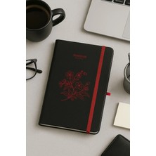 Mikasso Çiçek Desenli Siyah Sert Kapaklı Çizgili Defter Tarihsiz Ajanda 13X21CM Lastikli Sert Düz Çizgili 96