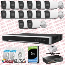 Provzen Hikvision 14 Kameralı 4mp Ip Colorvu 3.0 Güvenlik Sistemi Aı Insan Araç Algılama Mikrofon ve Işıklı Alarm