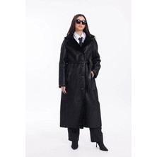 By Marki Marki Kadın Siyah Hakiki Deri Oversize Palto Içi Kürklü Kuşaklı Premium 120 cm - 121922
